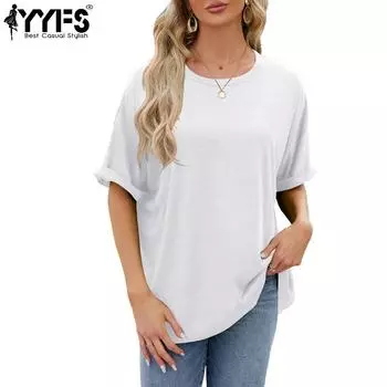 YYFS женские модные повседневные летние весенние однотонные блузки и рубашки с короткими рукавами и круглым вырезом с принтом S белый