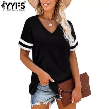 YYFS женские модные повседневные летние весенние однотонные блузки и рубашки с короткими рукавами и v-образным вырезом с принтом S чёрный
