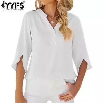 YYFS женские модные повседневные летние весенние однотонные блузки и рубашки с короткими рукавами и v-образным вырезом с принтом S белый