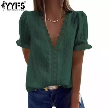 YYFS женские модные повседневные летние весенние однотонные блузки и рубашки с короткими рукавами и v-образным вырезом с принтом S зелёный