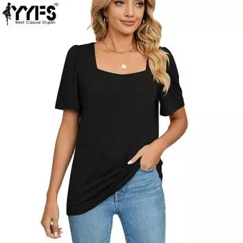 YYFS женские модные повседневные летние весенние однотонные блузки и рубашки с короткими рукавами и квадратным воротником с принтом S чёрный