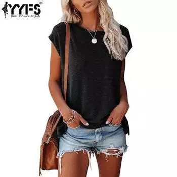 YYFS женские модные повседневные летние весенние однотонные блузки и рубашки с короткими рукавами и круглым вырезом с принтом S чёрный