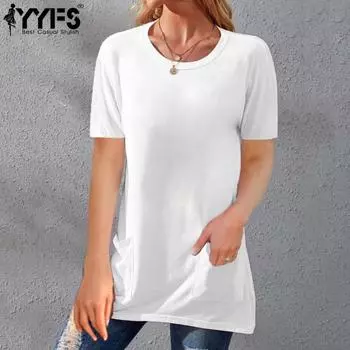 YYFS женские модные повседневные летние весенние однотонные блузки и рубашки с короткими рукавами и круглым вырезом с принтом S белый