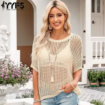 YYFS женские модные повседневные летние весенние однотонные блузки и рубашки с короткими рукавами и круглым вырезом с принтом S