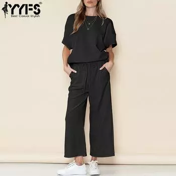 YYFS Женские модные повседневные летние весенние однотонные блузки и рубашки с короткими рукавами и круглым вырезом с принтом, брюки, костюмы S