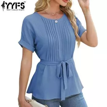 YYFS женские модные повседневные летние весенние однотонные блузки и рубашки с короткими рукавами и круглым вырезом с принтом S синий