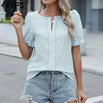 YYFS женские модные повседневные летние весенние однотонные блузки и рубашки с короткими рукавами и v-образным вырезом с принтом S озеро синий