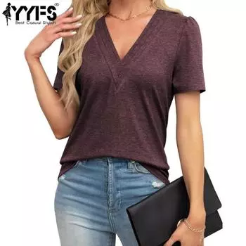 YYFS женские модные повседневные летние весенние однотонные блузки и рубашки с короткими рукавами и v-образным вырезом с принтом S