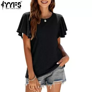 YYFS женские модные повседневные летние весенние однотонные блузки и рубашки с короткими рукавами и круглым вырезом с принтом S чёрный