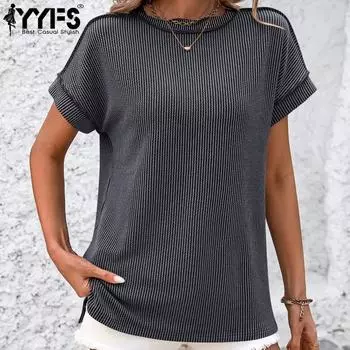 YYFS женские модные повседневные летние весенние однотонные блузки и рубашки с короткими рукавами и круглым вырезом с принтом S темно-серого