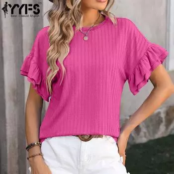 YYFS женские модные повседневные летние весенние однотонные блузки и рубашки с короткими рукавами и круглым вырезом с принтом S розы красного