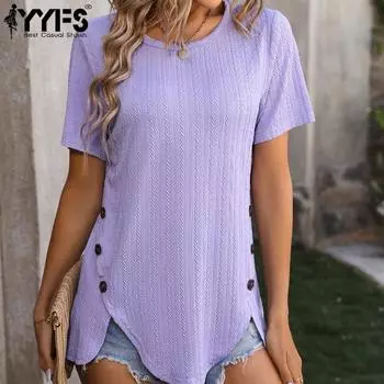 YYFS женские модные повседневные летние весенние однотонные блузки и рубашки с короткими рукавами и круглым вырезом с принтом S фиолетовый