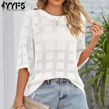 YYFS женские модные повседневные летние весенние однотонные блузки и рубашки с короткими рукавами и круглым вырезом с принтом S белый