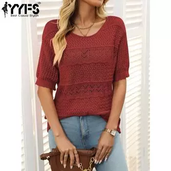 YYFS женские модные повседневные летние весенние однотонные блузки и рубашки с короткими рукавами и круглым вырезом с принтом S красный