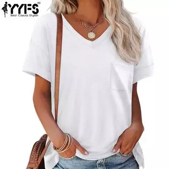YYFS женские модные повседневные летние весенние однотонные блузки и рубашки с короткими рукавами и v-образным вырезом с принтом S белый