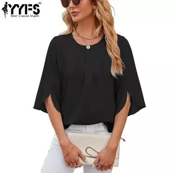 YYFS женские модные повседневные летние весенние однотонные блузки и рубашки с короткими рукавами и круглым вырезом с принтом S чёрный