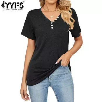 YYFS женские модные повседневные летние весенние однотонные блузки и рубашки с короткими рукавами и v-образным вырезом с принтом S чёрный
