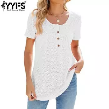 YYFS женские модные повседневные летние весенние однотонные блузки и рубашки с короткими рукавами и круглым вырезом с принтом S белый