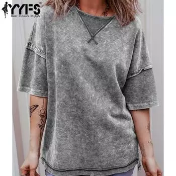 YYFS женские модные повседневные летние весенние однотонные блузки и рубашки с короткими рукавами и круглым вырезом с принтом S