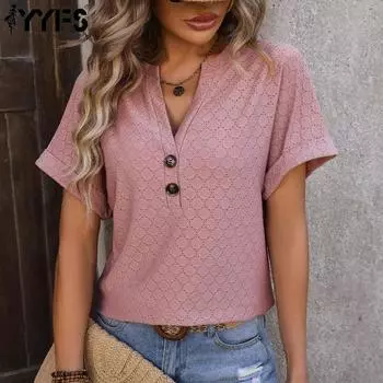 YYFS женские модные повседневные летние весенние однотонные блузки и рубашки с короткими рукавами и v-образным вырезом с принтом S