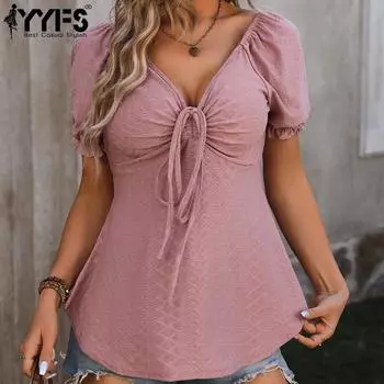 YYFS женские модные повседневные летние весенние однотонные блузки и рубашки с короткими рукавами и v-образным вырезом с принтом S