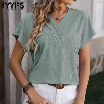 YYFS женские модные повседневные летние весенние однотонные блузки и рубашки с короткими рукавами и v-образным вырезом с принтом S