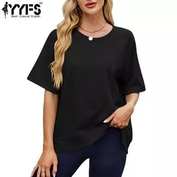 YYFS женские модные повседневные летние весенние однотонные блузки и рубашки с короткими рукавами и круглым вырезом с принтом S чёрный