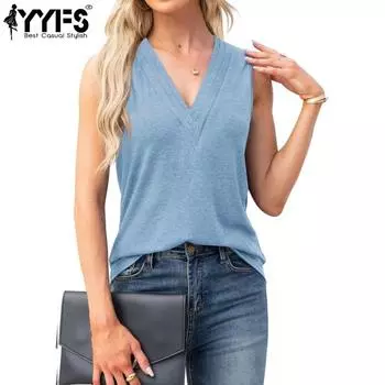YYFS женские модные повседневные летние весенние однотонные блузки и рубашки без рукавов с v-образным вырезом и принтом S небесно-голубой