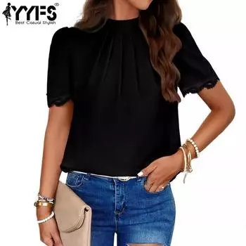YYFS женские модные повседневные летние весенние однотонные блузки и рубашки с короткими рукавами и круглым вырезом с принтом S чёрный