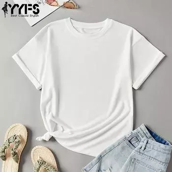 YYFS женские модные повседневные летние весенние однотонные блузки и рубашки с короткими рукавами и круглым вырезом с принтом XS белый