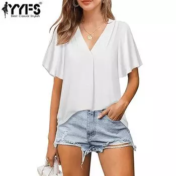 YYFS женские модные повседневные летние весенние однотонные блузки и рубашки с короткими рукавами и круглым вырезом с принтом S белый