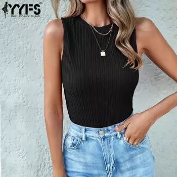 YYFS женские модные повседневные летние весенние однотонные блузки и рубашки без рукавов с круглым вырезом и принтом S чёрный