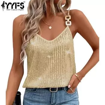 YYFS женские модные повседневные летние весенние однотонные блузки и рубашки без рукавов с v-образным вырезом и принтом S шампанского