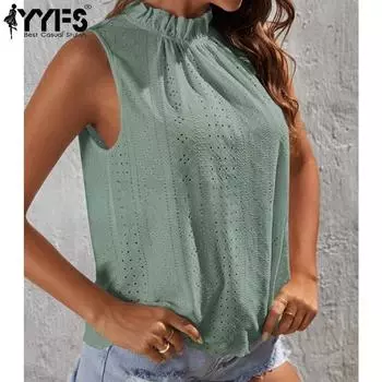 YYFS женские модные повседневные летние весенние однотонные блузки и рубашки без рукавов с круглым вырезом и принтом S