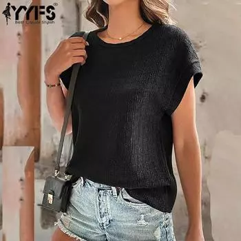 YYFS женские модные повседневные летние весенние однотонные блузки и рубашки с короткими рукавами и круглым вырезом с принтом S чёрный