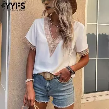 YYFS женские модные повседневные летние весенние однотонные блузки и рубашки с короткими рукавами и v-образным вырезом с принтом S белый