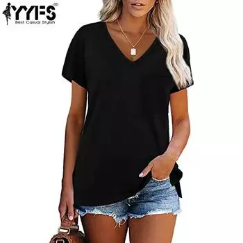YYFS женские модные повседневные летние весенние однотонные блузки и рубашки с короткими рукавами и v-образным вырезом с принтом S чёрный