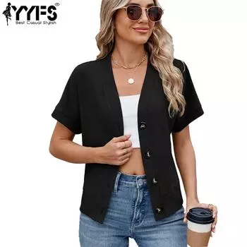 YYFS женские модные повседневные летние весенние однотонные блузки и рубашки с короткими рукавами и v-образным вырезом с принтом S чёрный