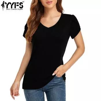 YYFS женские модные повседневные летние весенние однотонные блузки и рубашки с короткими рукавами и v-образным вырезом с принтом S чёрный