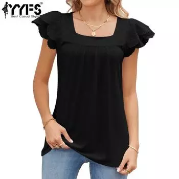 YYFS женские модные повседневные летние весенние однотонные блузки и рубашки с короткими рукавами и квадратным воротником с принтом S чёрный