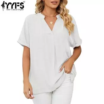 YYFS женские модные повседневные летние весенние однотонные блузки и рубашки с короткими рукавами и v-образным вырезом с принтом S белый
