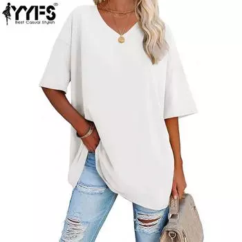 YYFS женские модные повседневные летние весенние однотонные блузки и рубашки с короткими рукавами и v-образным вырезом с принтом S белый