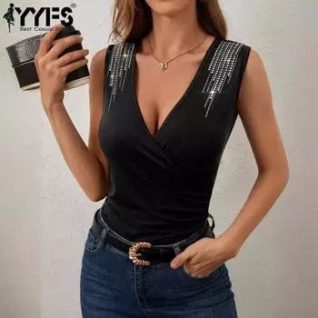 YYFS женские модные повседневные летние весенние однотонные блузки и рубашки без рукавов с v-образным вырезом и принтом S чёрный