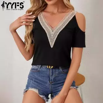 YYFS женские модные повседневные летние весенние однотонные блузки и рубашки с короткими рукавами и v-образным вырезом с принтом S чёрный