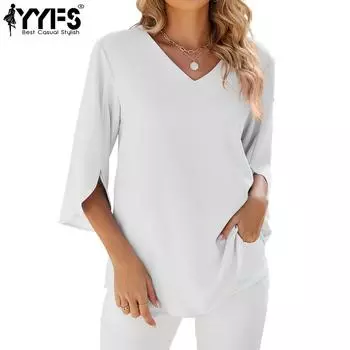 YYFS женские модные повседневные летние весенние однотонные блузки и рубашки с короткими рукавами и v-образным вырезом с принтом S белый