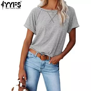 YYFS женские модные повседневные летние весенние однотонные блузки и рубашки с короткими рукавами и круглым вырезом с принтом S светло-серый