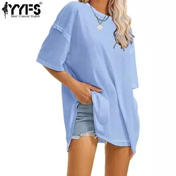 YYFS женские модные повседневные летние весенние однотонные блузки и рубашки с короткими рукавами и круглым вырезом с принтом S светло-синий