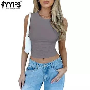 YYFS женские модные повседневные летние весенние однотонные блузки и рубашки без рукавов с круглым вырезом и принтом S серый