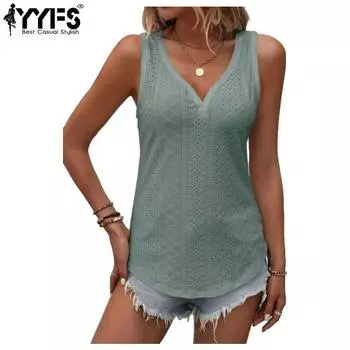 YYFS женские модные повседневные летние весенние однотонные блузки и рубашки без рукавов с v-образным вырезом и принтом S зелёный