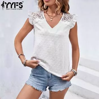 YYFS женские модные повседневные летние весенние однотонные блузки и рубашки с v-образным вырезом и короткими рукавами с кружевным принтом S белый